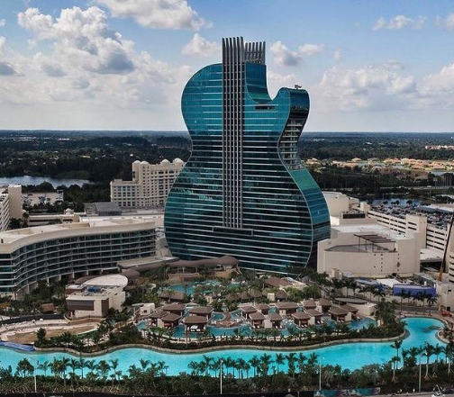 Hard Rock Hotel guitar and view of pools